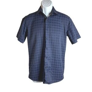 American Breed | Navy Blue Geometric Grid Short Sleeve Button Down Shirt | M